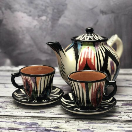 Czajnik i dwa kubki ceramiczne, ręcznie zdobione "Kocie oko"