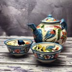 Czajnik i dwie czarki ceramiczne, ręcznie zdobione "Polna łąka 1"