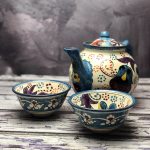 Czajnik i dwie czarki ceramiczne, ręcznie zdobione "Polna łąka 2"